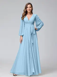 A-Line/Princess V-Neck Long Sleeves Chiffon Long Bridesmaid Dresses With Ruffles Split Side — view 50