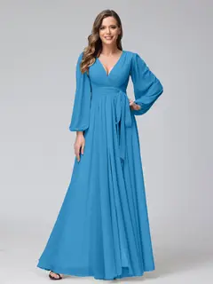 A-Line/Princess V-Neck Long Sleeves Chiffon Long Bridesmaid Dresses With Ruffles Split Side — view 53