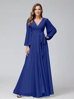 A-Line/Princess V-Neck Long Sleeves Chiffon Long Bridesmaid Dresses With Ruffles Split Side — view 56