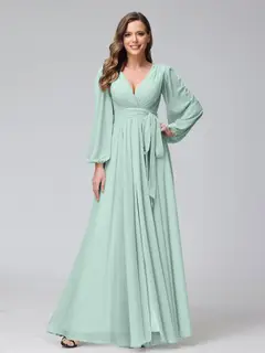 A-Line/Princess V-Neck Long Sleeves Chiffon Long Bridesmaid Dresses With Ruffles Split Side — view 60