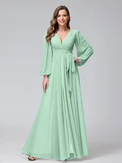 A-Line/Princess V-Neck Long Sleeves Chiffon Long Bridesmaid Dresses With Ruffles Split Side — view 61