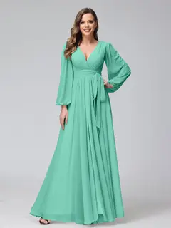 A-Line/Princess V-Neck Long Sleeves Chiffon Long Bridesmaid Dresses With Ruffles Split Side — view 62