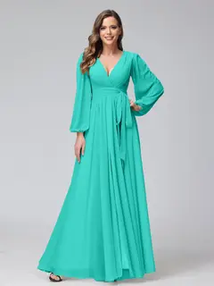 A-Line/Princess V-Neck Long Sleeves Chiffon Long Bridesmaid Dresses With Ruffles Split Side — view 63