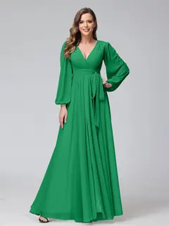 A-Line/Princess V-Neck Long Sleeves Chiffon Long Bridesmaid Dresses With Ruffles Split Side — view 64