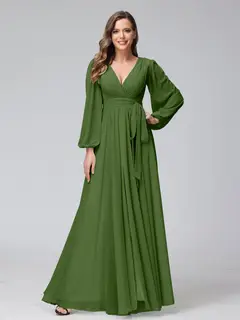 A-Line/Princess V-Neck Long Sleeves Chiffon Long Bridesmaid Dresses With Ruffles Split Side — view 65