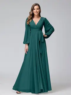 A-Line/Princess V-Neck Long Sleeves Chiffon Long Bridesmaid Dresses With Ruffles Split Side — view 66