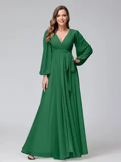 A-Line/Princess V-Neck Long Sleeves Chiffon Long Bridesmaid Dresses With Ruffles Split Side — view 67