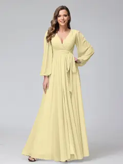 A-Line/Princess V-Neck Long Sleeves Chiffon Long Bridesmaid Dresses With Ruffles Split Side — view 68