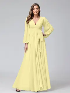 A-Line/Princess V-Neck Long Sleeves Chiffon Long Bridesmaid Dresses With Ruffles Split Side — view 69