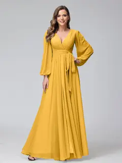 A-Line/Princess V-Neck Long Sleeves Chiffon Long Bridesmaid Dresses With Ruffles Split Side — view 70