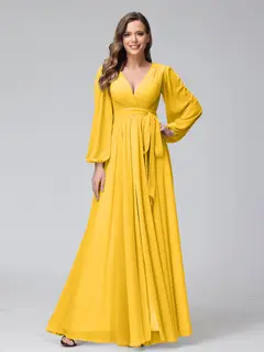A-Line/Princess V-Neck Long Sleeves Chiffon Long Bridesmaid Dresses With Ruffles Split Side — view 71