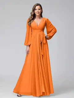 A-Line/Princess V-Neck Long Sleeves Chiffon Long Bridesmaid Dresses With Ruffles Split Side — view 72
