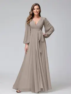 A-Line/Princess V-Neck Long Sleeves Chiffon Long Bridesmaid Dresses With Ruffles Split Side — view 73