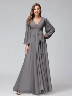 A-Line/Princess V-Neck Long Sleeves Chiffon Long Bridesmaid Dresses With Ruffles Split Side — view 74