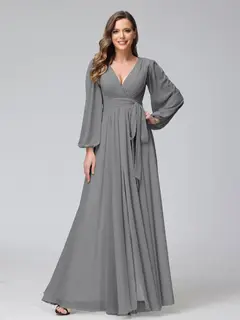 A-Line/Princess V-Neck Long Sleeves Chiffon Long Bridesmaid Dresses With Ruffles Split Side — view 75