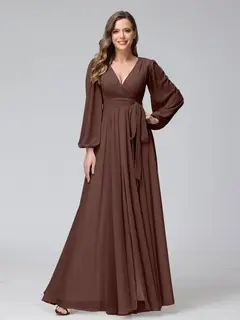 A-Line/Princess V-Neck Long Sleeves Chiffon Long Bridesmaid Dresses With Ruffles Split Side — view 76
