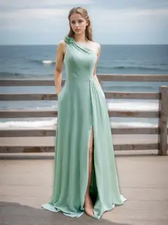 A-Line/Princess One-Shoulder Sleeveless Floor-Length Floral Bridesmaid Dresses with Split Side — view 1