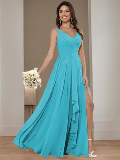A-Line/Princess Chiffon V Neck Sleeveless Floor-Length Bridesmaid Dresses — view 1