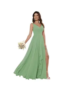 A-Line/Princess Chiffon V Neck Sleeveless Floor-Length Bridesmaid Dresses — view 3