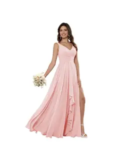 A-Line/Princess Chiffon V Neck Sleeveless Floor-Length Bridesmaid Dresses — view 8