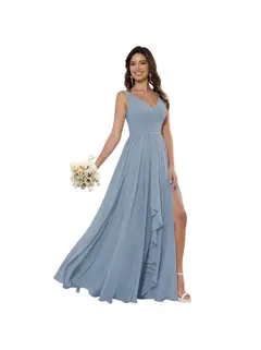 A-Line/Princess Chiffon V Neck Sleeveless Floor-Length Bridesmaid Dresses — view 9