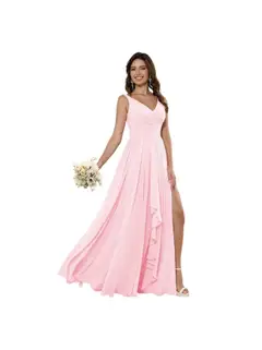 A-Line/Princess Chiffon V Neck Sleeveless Floor-Length Bridesmaid Dresses — view 11