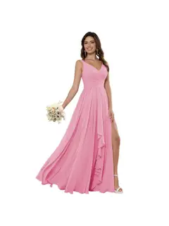 A-Line/Princess Chiffon V Neck Sleeveless Floor-Length Bridesmaid Dresses — view 12