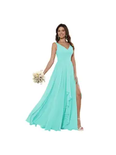 A-Line/Princess Chiffon V Neck Sleeveless Floor-Length Bridesmaid Dresses — view 13