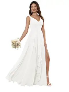 A-Line/Princess Chiffon V Neck Sleeveless Floor-Length Bridesmaid Dresses — view 17