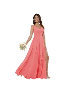 A-Line/Princess Chiffon V Neck Sleeveless Floor-Length Bridesmaid Dresses — view 18