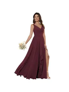 A-Line/Princess Chiffon V Neck Sleeveless Floor-Length Bridesmaid Dresses — view 19