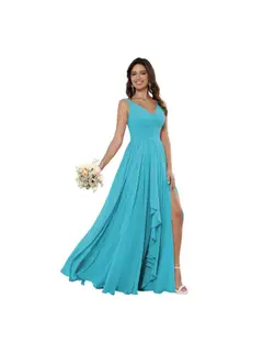 A-Line/Princess Chiffon V Neck Sleeveless Floor-Length Bridesmaid Dresses — view 23