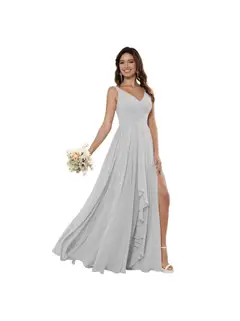 A-Line/Princess Chiffon V Neck Sleeveless Floor-Length Bridesmaid Dresses — view 24