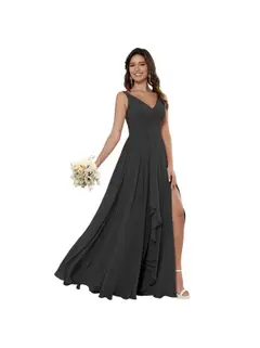 A-Line/Princess Chiffon V Neck Sleeveless Floor-Length Bridesmaid Dresses — view 26