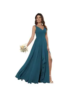 A-Line/Princess Chiffon V Neck Sleeveless Floor-Length Bridesmaid Dresses — view 27