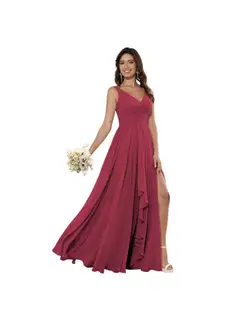 A-Line/Princess Chiffon V Neck Sleeveless Floor-Length Bridesmaid Dresses — view 28