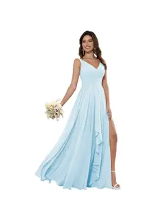A-Line/Princess Chiffon V Neck Sleeveless Floor-Length Bridesmaid Dresses — view 29