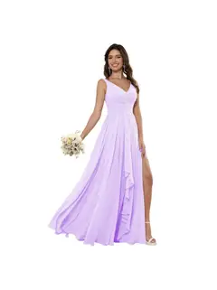 A-Line/Princess Chiffon V Neck Sleeveless Floor-Length Bridesmaid Dresses — view 32