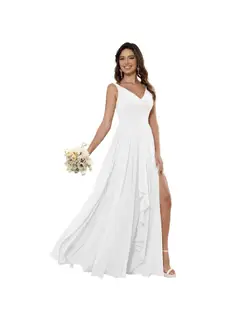 A-Line/Princess Chiffon V Neck Sleeveless Floor-Length Bridesmaid Dresses — view 34