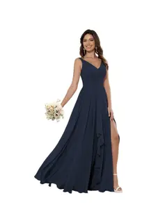 A-Line/Princess Chiffon V Neck Sleeveless Floor-Length Bridesmaid Dresses — view 35