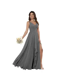 A-Line/Princess Chiffon V Neck Sleeveless Floor-Length Bridesmaid Dresses — view 36