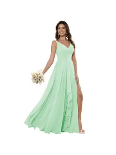 A-Line/Princess Chiffon V Neck Sleeveless Floor-Length Bridesmaid Dresses — view 39