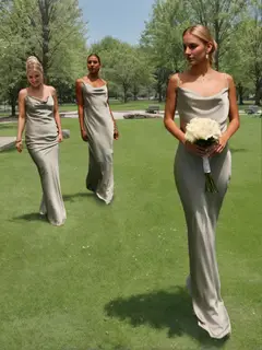 Sheath/Column Spaghetti Straps Cowl Neck Backless Floor-Length Floral Bridesmaid Dresses — view 2