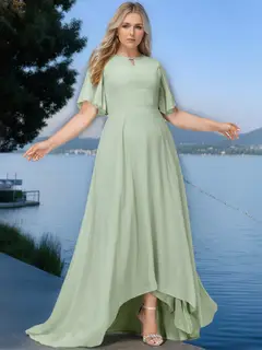 A-Line/Princess Jewel Neck Short Sleeves Asymmetrical Plus Size Bridesmaid Dress — view 1