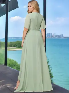 A-Line/Princess Jewel Neck Short Sleeves Asymmetrical Plus Size Bridesmaid Dress — view 2