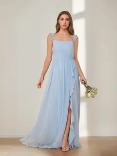 A-Line/Princess Square Neck Sleeveless Floor-Length Chiffon Bridesmaid Dresses with Split Side & Ruffles — view 3