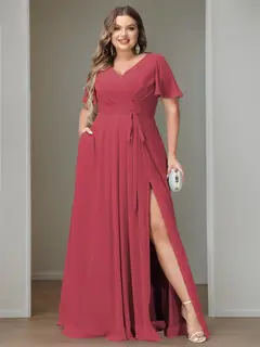 A-Line/Princess Chiffon V-Neck Short Sleeves Floor-Length Bridesmaid Dresses — view 1