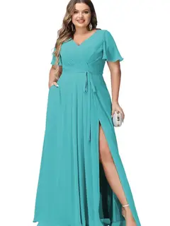 A-Line/Princess Chiffon V-Neck Short Sleeves Floor-Length Bridesmaid Dresses — view 2
