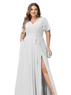 A-Line/Princess Chiffon V-Neck Short Sleeves Floor-Length Bridesmaid Dresses — view 4