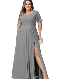 A-Line/Princess Chiffon V-Neck Short Sleeves Floor-Length Bridesmaid Dresses — view 5